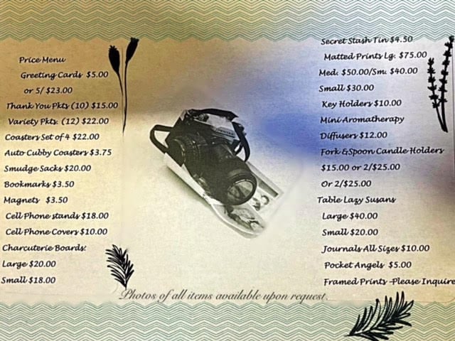 Vintage menu displaying handmade items and crafts with prices, featuring a decorative sleigh image and botanical design elements