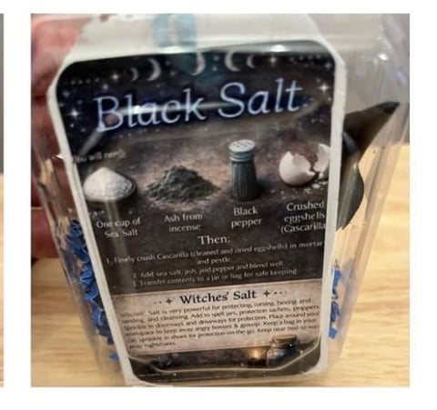 Package of Black Salt Witches Salt with ingredients shown and usage instructions on the label
