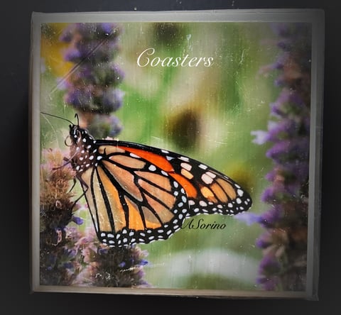 Monarch butterfly coaster perched on purple flowers with blurred green background and decorative text overlay